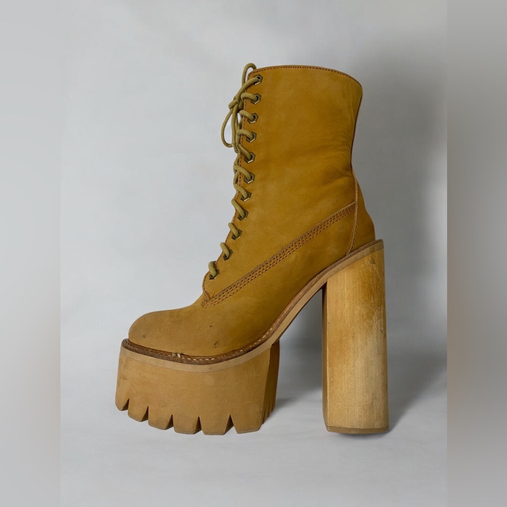 Jeffrey Campbell Tan In Charge Nubuck Leather Shearling Wood Platform Boots - Picture 9 of 15